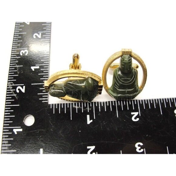 Swank Carved Buddha Green Jade Gold Tone Cufflinks Tux Suit Vintage - Picture 6 of 8